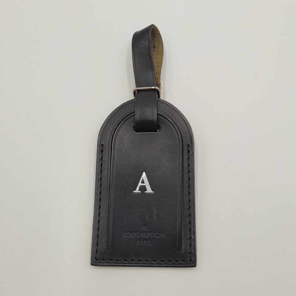 Louis Vuitton Black Leather Luggage Tag Silver Initial A Travel Accessory